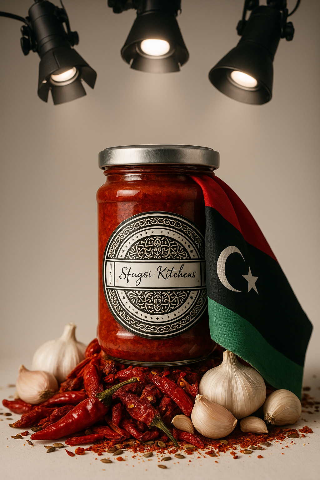 Signature Sfagsi Kitchens jar styled with chillies, garlic, and Libyan flag